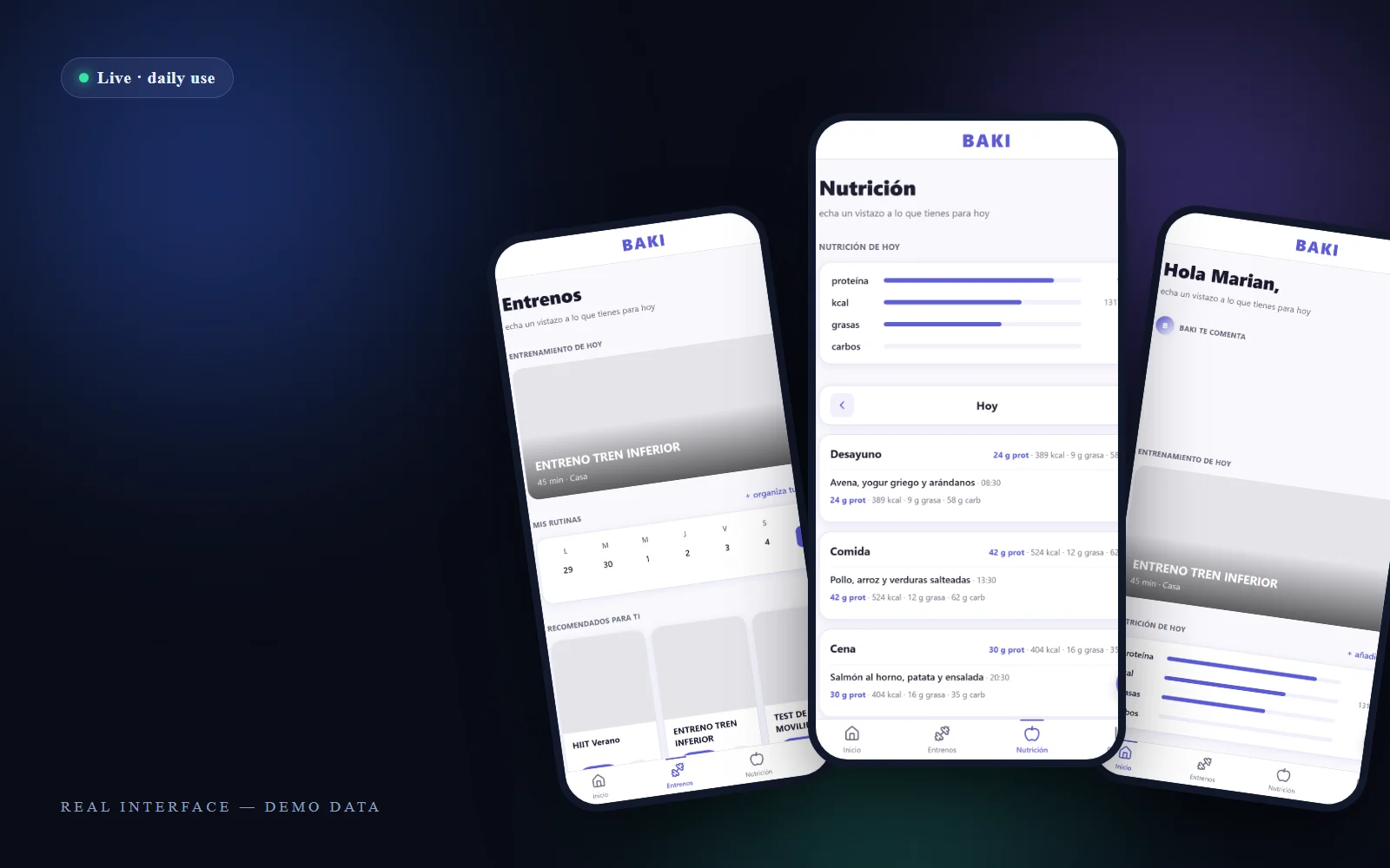 Baki real app screens (home, nutrition, training) composed on the Aura scene; demo data only