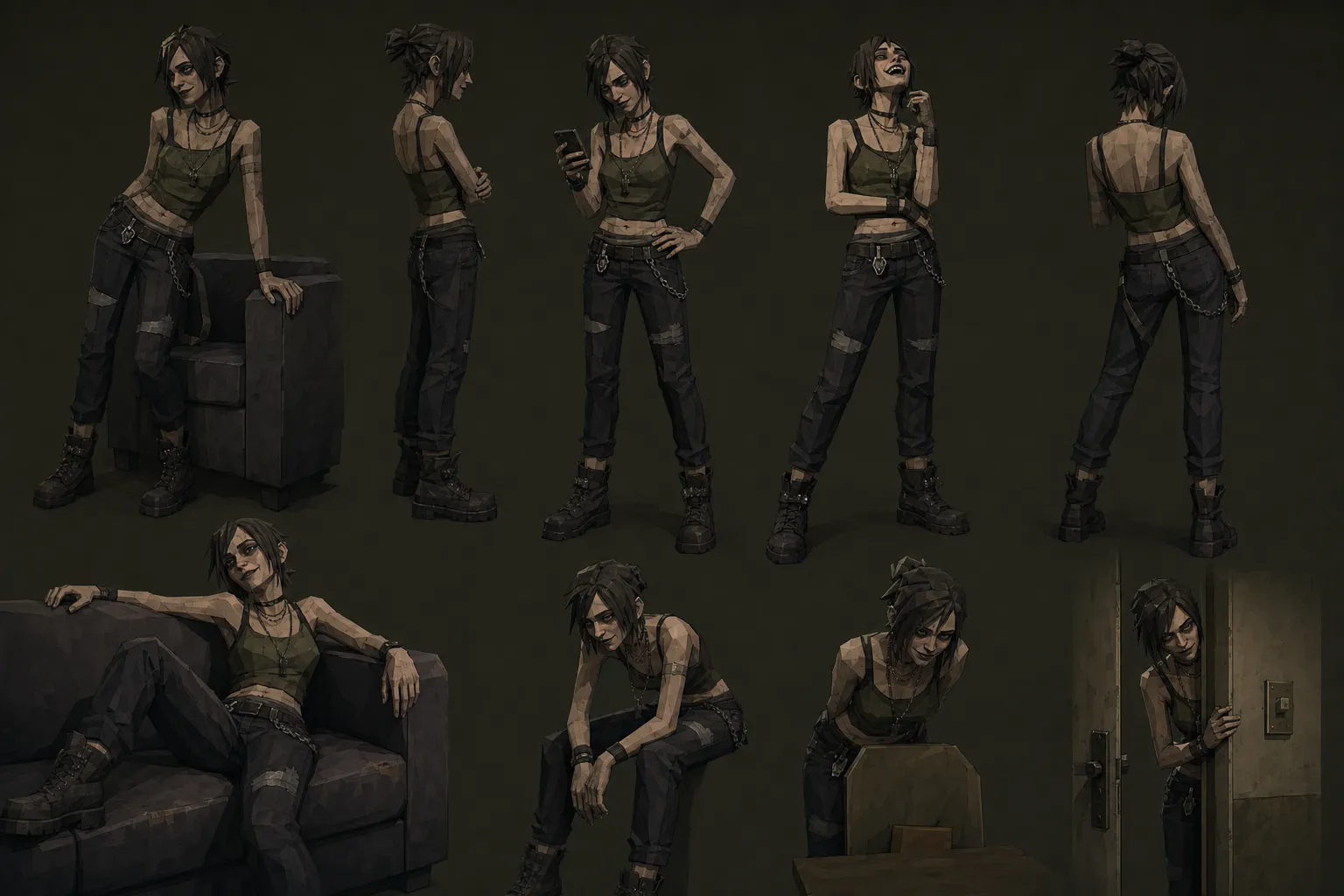 Ella pose sheet — the locked gothic direction