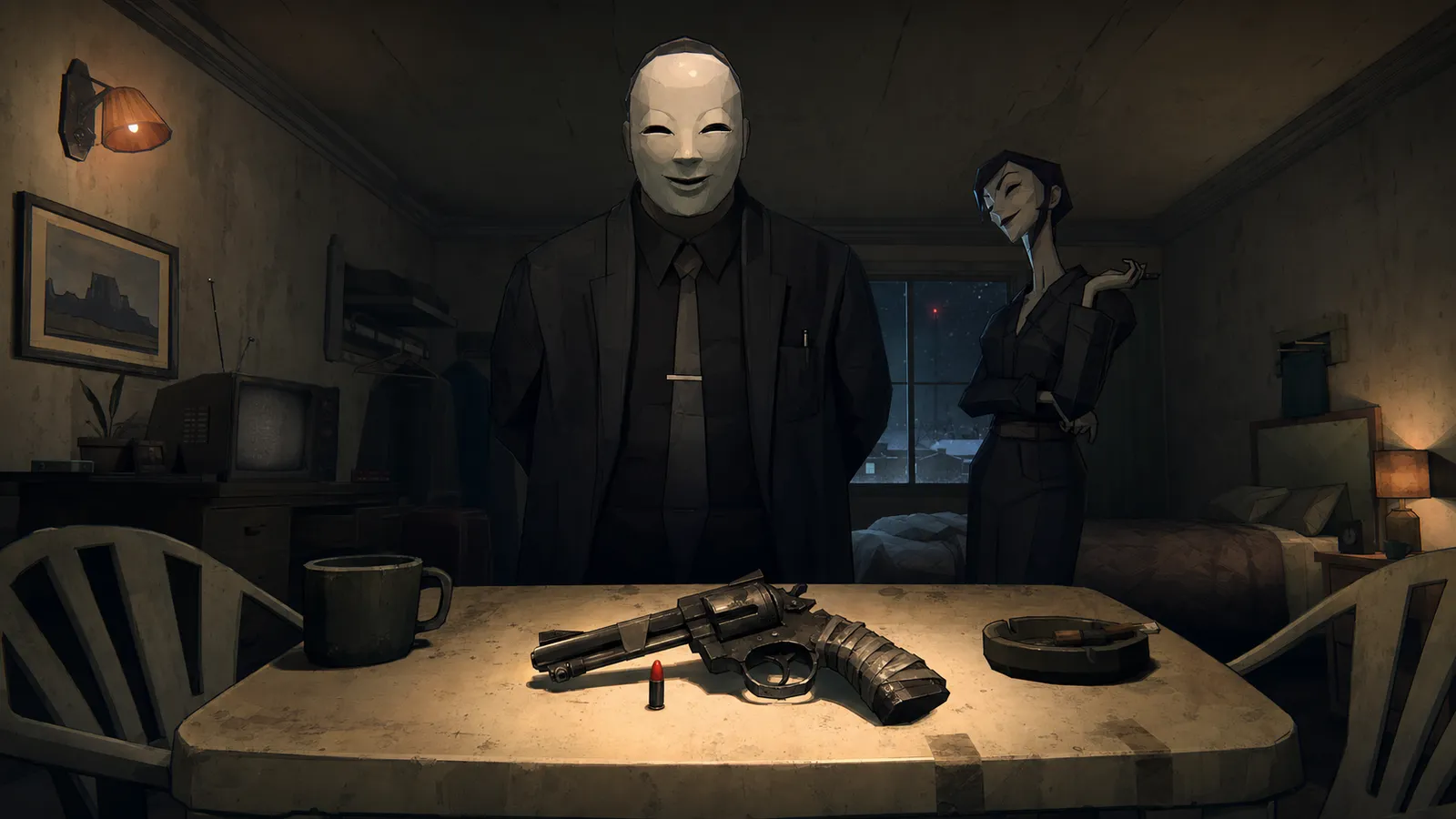 Wrong Room key art: the motel room, the table, the two collectors