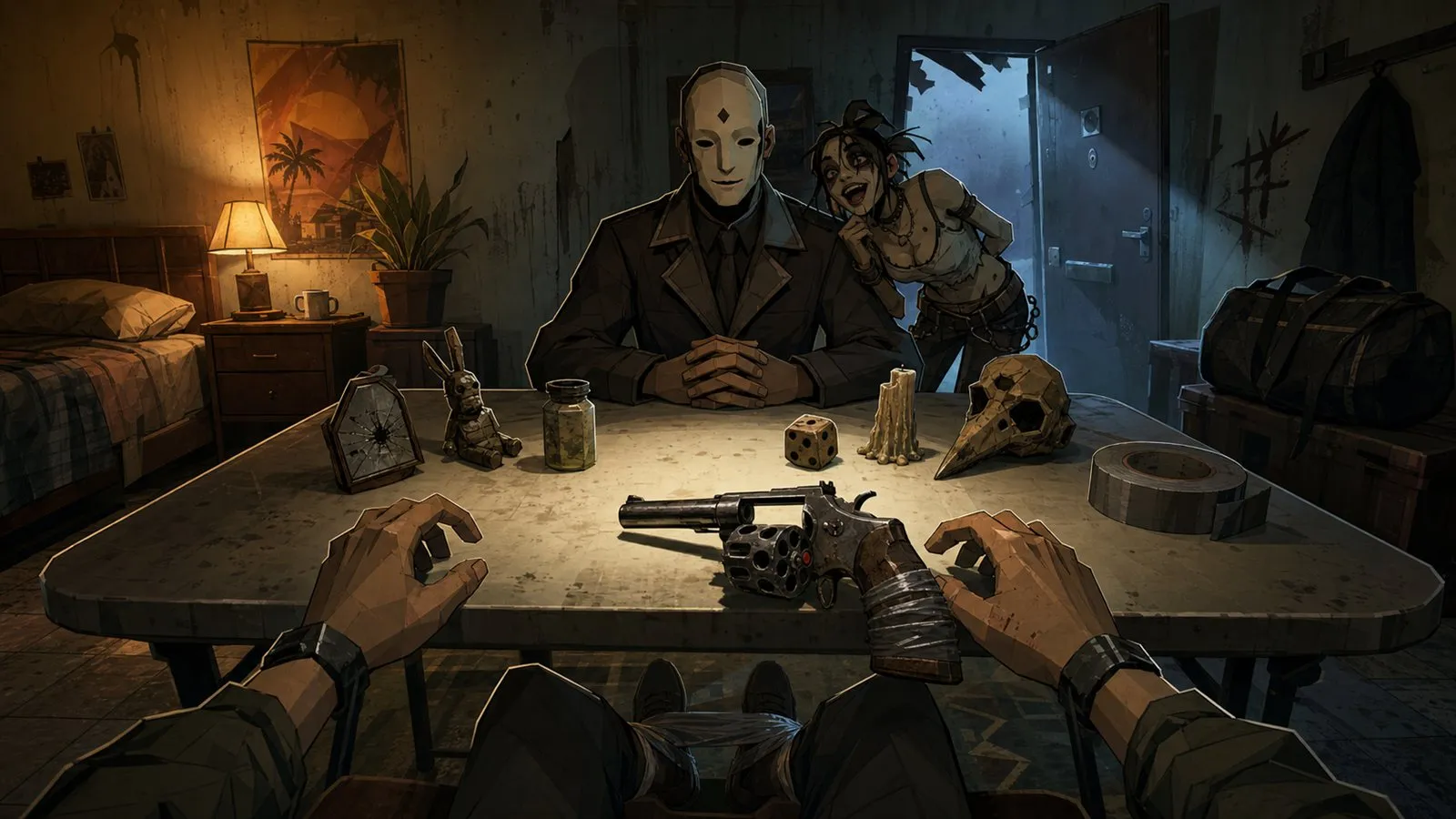 Product keyframe · gameplay mode: the table as interface, seated first-person view