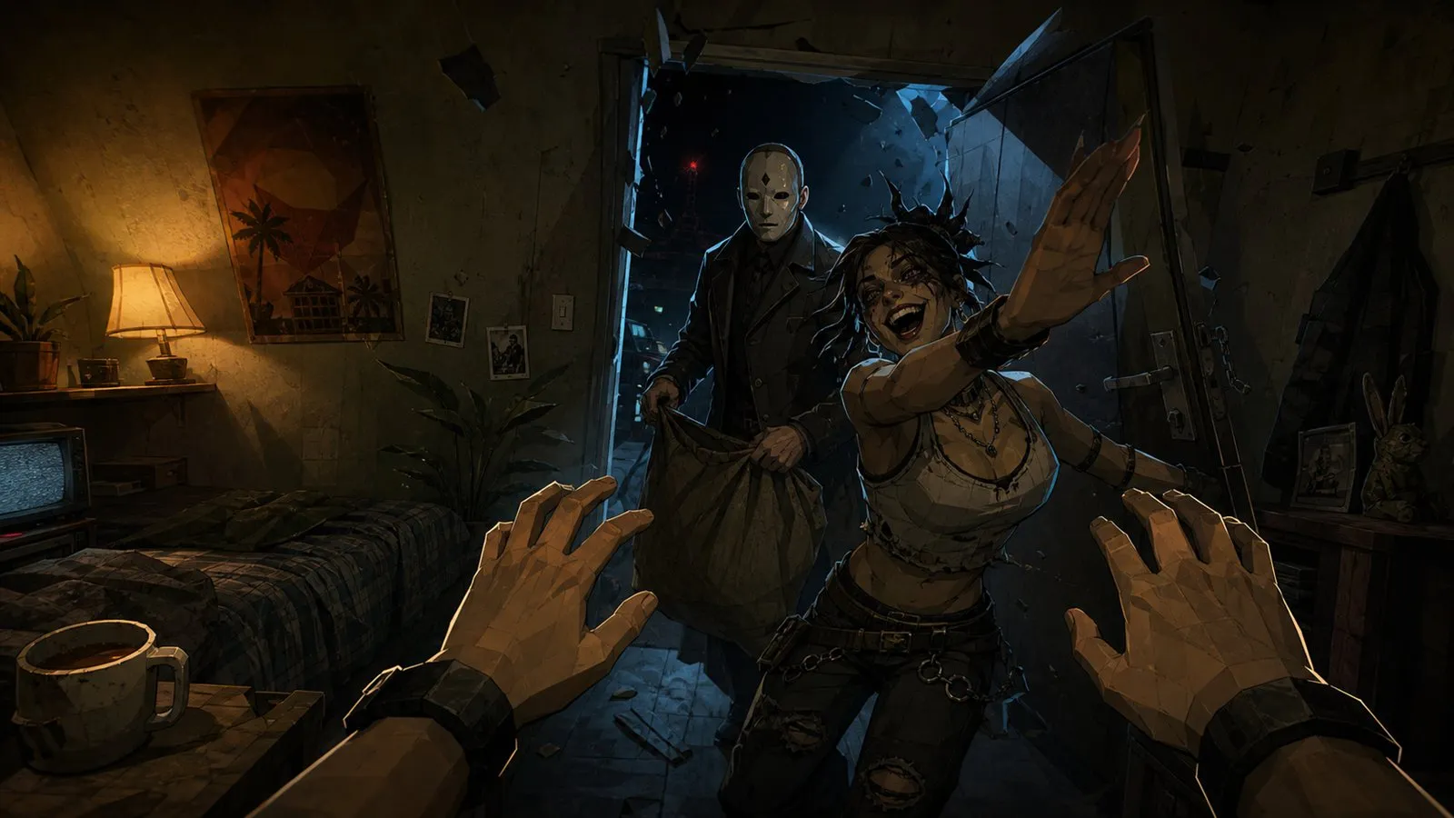 Product keyframe · the intrusion: warm habitable room, cold pressure through the door