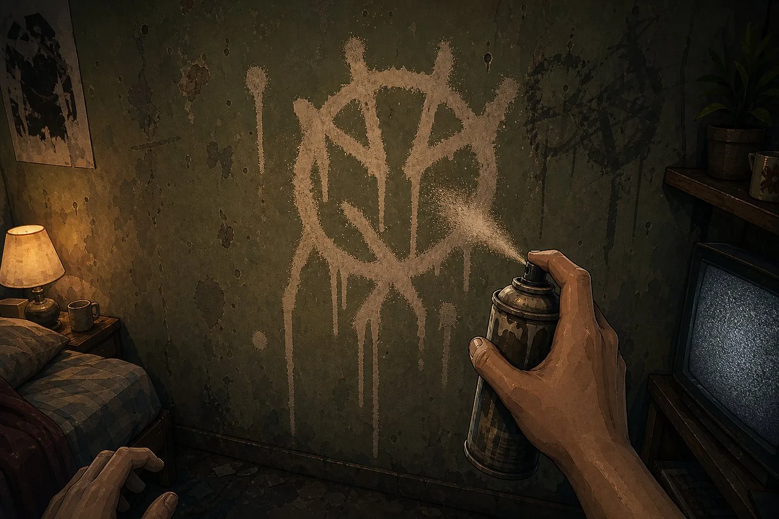 Product keyframe · the marking: the IP's glyph sprayed on the wall