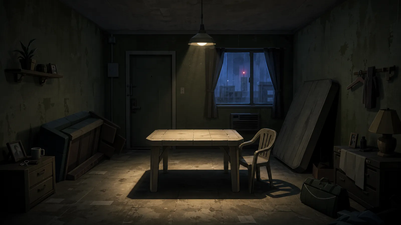 The same room after the assault: one hard light over the table
