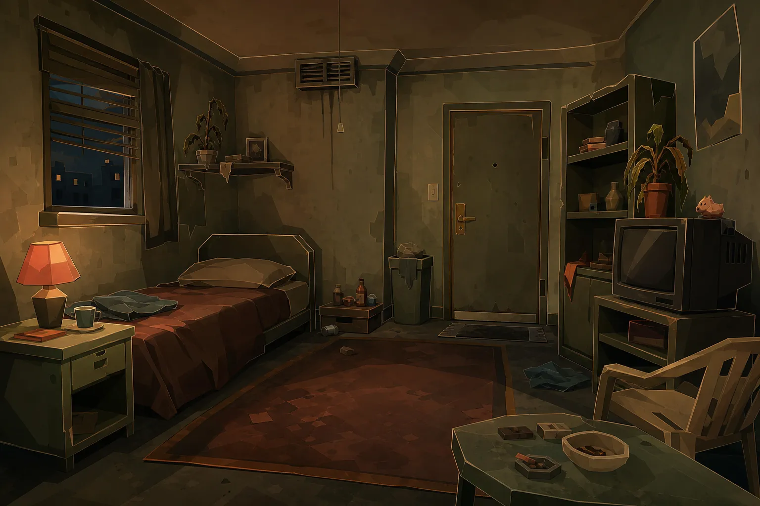 The motel room before the assault: warm, lived-in light