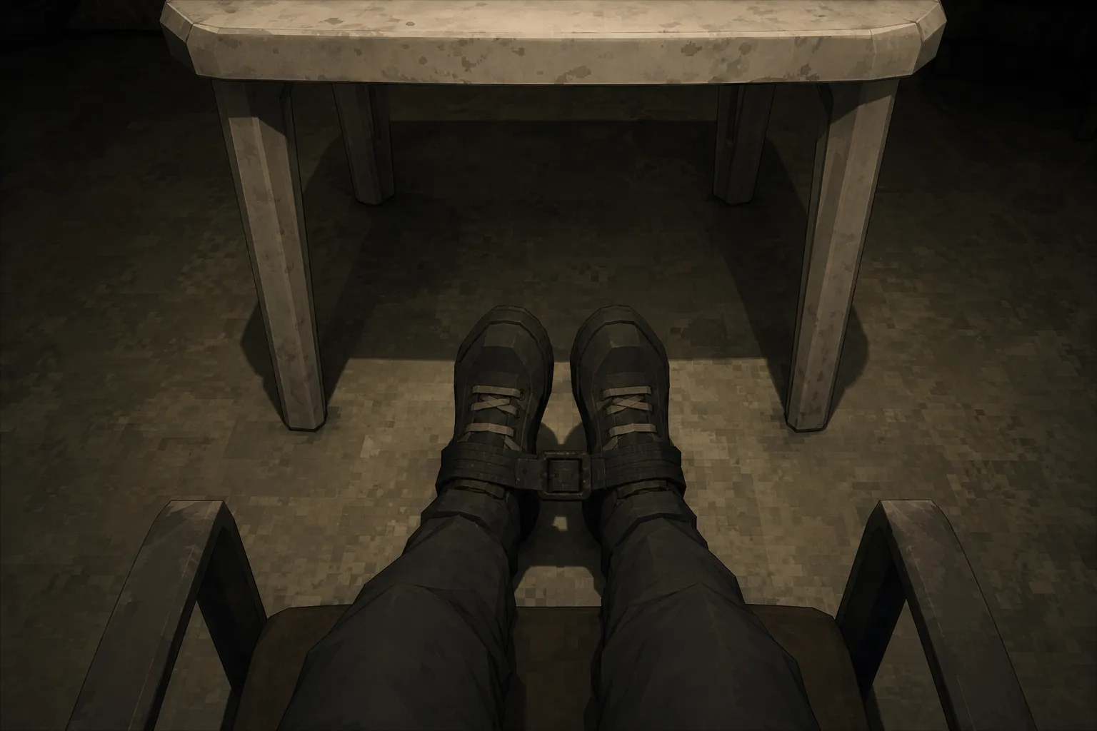 Seated first-person view, feet strapped to the chair